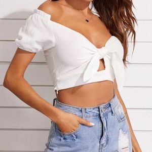 SHEIN Off Shoulder Knot Peekaboo Milkmaid Top White Size XL